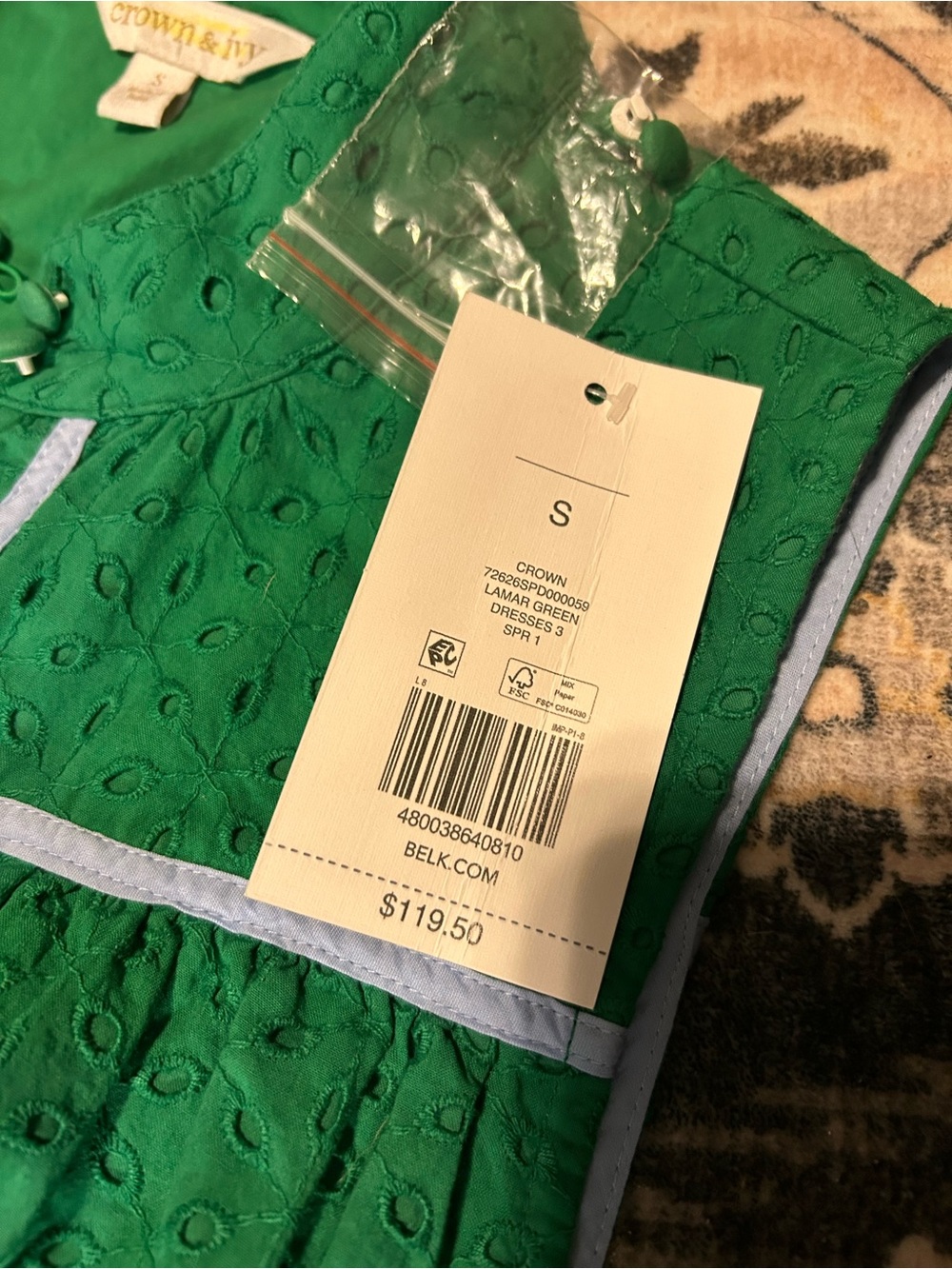 Crown & Ivy Green Eyelet Sleeveless Tie Waist Mini Dress Size Small NWT - Picture 8 of 11